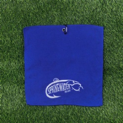 blue color square golf towel with embroidered logo
